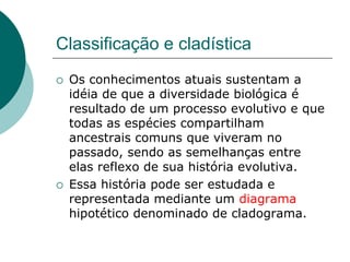 Classificação e cladística
 Os conhecimentos atuais sustentam a
idéia de que a diversidade biológica é
resultado de um processo evolutivo e que
todas as espécies compartilham
ancestrais comuns que viveram no
passado, sendo as semelhanças entre
elas reflexo de sua história evolutiva.
 Essa história pode ser estudada e
representada mediante um diagrama
hipotético denominado de cladograma.
 