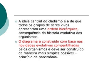 A ideia central do cladismo é a de que
todos os grupos de seres vivos
apresentam uma ordem hierárquica,
consequência da história evolutiva dos
organismos.
 O diagrama é construído com base nas
novidades evolutivas compartilhadas
pelos organismos e deve ser construído
da maneira mais simples possível –
princípio da parcimônia.
 
