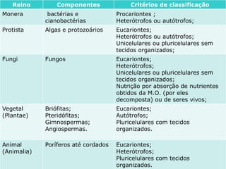 Reino Componentes Critérios de classificação
Monera bactérias e
cianobactérias
Procariontes ;
Heterótrofos ou autótrofos;
Protista Algas e protozoários Eucariontes;
Heterótrofos ou autótrofos;
Unicelulares ou pluricelulares sem
tecidos organizados;
Fungi Fungos Eucariontes;
Heterótrofos;
Unicelulares ou pluricelulares sem
tecidos organizados;
Nutrição por absorção de nutrientes
obtidos da M.O. (por eles
decomposta) ou de seres vivos;
Vegetal
(Plantae)
Briófitas;
Pteridófitas;
Gimnospermas;
Angiospermas.
Eucariontes;
Autótrofos;
Pluricelulares com tecidos
organizados.
Animal
(Animalia)
Poríferos até cordados Eucariontes;
Heterótrofos;
Pluricelulares com tecidos
organizados.
 