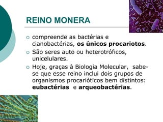 REINO MONERA
 compreende as bactérias e
cianobactérias, os únicos procariotos.
 São seres auto ou heterotróficos,
unicelulares.
 Hoje, graças à Biologia Molecular, sabe-
se que esse reino inclui dois grupos de
organismos procarióticos bem distintos:
eubactérias e arqueobactérias.
 
