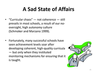 A Sad State of Affairs 
• “Curricular chaos” — not coherence — still 
prevails in most schools, a result of our no-oversight, 
high autonomy culture 
(Schmoker and Marzano 1999). 
• Fortunately, many successful schools have 
seen achievement levels soar after 
developing coherent, high-quality curricula 
— but only when they instituted 
monitoring mechanisms for ensuring that it 
is taught. 
15 
 