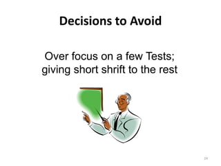 Decisions to Avoid 
24 
Over focus on a few Tests; 
giving short shrift to the rest 
 