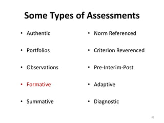 Some Types of Assessments 
• Authentic 
• Portfolios 
• Observations 
• Formative 
• Summative 
• Norm Referenced 
• Criterion Reverenced 
• Pre-Interim-Post 
• Adaptive 
• Diagnostic 
42 
 