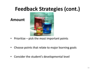 Feedback Strategies (cont.) 
Amount 
• Prioritize – pick the most important points 
• Choose points that relate to major learning goals 
• Consider the student’s developmental level 
54 
 