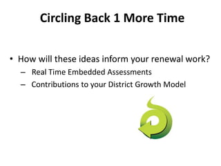 Circling Back 1 More Time 
• How will these ideas inform your renewal work? 
– Real Time Embedded Assessments 
– Contributions to your District Growth Model 
 