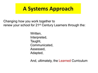 A Systems Approach 
75 
Changing how you work together to 
renew your school for 21st Century Learners through the: 
Written, 
Interpreted, 
Taught, 
Communicated, 
Assessed, 
Adapted, 
And, ultimately, the Learned Curriculum 
 