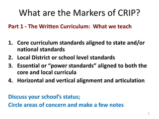 What are the Markers of CRIP? 
Part 1 - The Written Curriculum: What we teach 
1. Core curriculum standards aligned to state and/or 
national standards 
2. Local District or school level standards 
3. Essential or “power standards” aligned to both the 
core and local curricula 
4. Horizontal and vertical alignment and articulation 
Discuss your school’s status; 
Circle areas of concern and make a few notes 
8 
 