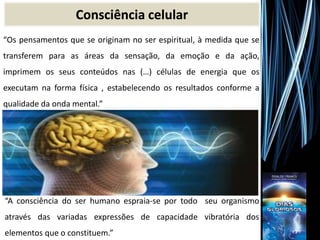 “A consciência do ser humano espraia-se por todo seu organismo
através das variadas expressões de capacidade vibratória dos
elementos que o constituem.”
Consciência celular
“Os pensamentos que se originam no ser espiritual, à medida que se
transferem para as áreas da sensação, da emoção e da ação,
imprimem os seus conteúdos nas (…) células de energia que os
executam na forma física , estabelecendo os resultados conforme a
qualidade da onda mental.”
 