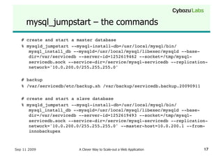 mysql_jumpstart – the commands
   # create and start a master database
   % mysqld_jumpstart --mysql-install-db=/usr/local...