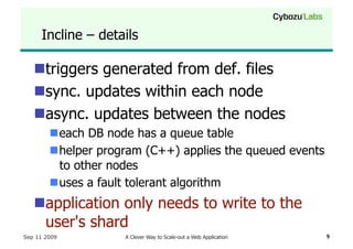 Incline – details

    triggers generated from def. files
    sync. updates within each node
    async. updates between...