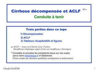 Cirrhose décompensée et ACLF
a) *
Conduite à tenir
Trois parties dans ce topo
1) Décompensation
2) ACLF
3) Tableaux récapitulatifs et figures
a) ACLF = Acute-on-Chronic Liver Failure
(Insuffisance hépatique aiguë sévère sur insuffisance chronique).
* Complète et actualise les précédents topos sur ces sujets,
parus dans foiepratique.fr et Slideshare.
(Tient compte des dernières guidelines européennes et américaines)
Claude EUGÈNE 1
 