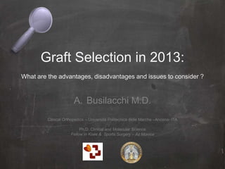 Graft Selection in 2013:
What are the advantages, disadvantages and issues to consider ?

A. Busilacchi M.D.
Clinical Orthopedics – Università Politecnica delle Marche –Ancona- ITA

Ph.D. Clinical and Molecular Science
Fellow in Knee & Sports Surgery – Az Monica

 