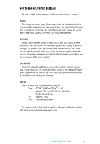 1
HOW TO FIND HELP IN THIS PROGRAM
We have provided several avenues for obtaining help in using this program.
MANUAL
This manual gives you a handy reference describing the visual contents of the
program and the navigational and educational features (the main “buttons”). In addi-
tion, you can learn how to make the most of this program by reading the special
section addressing students, instructors, and medical professionals.
TUTORIALS
Seeing a demonstration is often an easier way to learn than reading a set of
instructions. We have provided five tutorials for you to watch: Getting Started, List
Manager, Study Guide, Tests, and Create-A-Show. You can stop and start these
tutorials anytime you want, and you can replay the parts you want to review. We
suggest that you take advantage of the Getting Started tutorial, which will give you
a good overview of the entire program.
ON-LINE HELP
The on-line help defines all buttons, icons, and menu items and also provides
step-by-step instructions for a multitude of tasks related to the features of the pro-
gram. Together with the tutorials, the on-line help should provide all the assistance
you will need to use the program effectively.
HOTLINE
Help is available from DxR Development Group, Inc.:
Phone: (800) 453-8040 or (618) 453-1140,
between 9:00 A.M. and 5:00 P.M. central time,
Monday through Friday
Fax: (618) 453-5309
E-mail: Support@dxrgroup.com
For more information about medical education software from Novartis, visit our
Web site at www.meded.pharma.us.novartis.com
How to Find Help in This Program
ACL guide WORKING.hpc copy 4/23/98 11:47 AM Page 1
 
