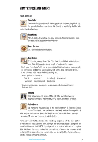 6
WHAT THIS PROGRAM CONTAINS
VISUAL CONTENT
Visual Index
Thumbnail-size pictures of all the images in the program, organized by
the type of plate (see next items). Go directly to a plate by double-click-
ing its thumbnail picture.
Atlas Plates
All 525 plates (translating into 930 screens) of normal anatomy from
the Interactive Atlas of Human Anatomy.
Cross Sections
183 cross-sectional illustrations.
Correlations
532 plates, derived from The Ciba Collection of Medical Illustrations
and Clinical Symposia, plus a variety of radiographic images.
Each plate “correlates” with one or more Atlas plates (or, in some cases, anoth-
er correlation), and can be shown side-by-side with it on a “compare screen.”
Each correlate plate has a brief explanatory text.
Seven types of correlations:
Clinical Imaging* Procedural Anatomical
Functional Developmental Histological
*Imaging correlations are also grouped as a separate collection called Imaging
(see next item).
Imaging
222 radiographs, CT scans, MRIs, 3-D CTs, and other types of
diagnostic images; organized by body region. Brief text for each.
Visible Human
21 interactive movies based on the National Library of Medicine’s Visual
Human™ data set. See sections of male body and the female pelvis* in
axial, sagittal, and coronal planes. For key frames of the Visible Male, overlay a
correlating CT scan and cross-sectional illustration.
*When Version 1.0 of the Clinical Atlas was being prepared, only the male portion
of the database was available. Now, although the female database is complete, the
space limitations of the CD-ROM do not permit us to include both sets of complete
data. We have, therefore, retained the complete set of images for the male, which
contains all the essential normal human data, and completed the human database
with the female pelvis and perineum.
What This Program Contains
ACL guide WORKING.hpc copy 4/23/98 11:47 AM Page 6
 