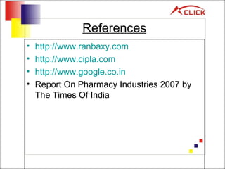 References http://www.ranbaxy.com http://www.cipla.com http://www.google.co.in Report On Pharmacy Industries 2007 by The Times Of India 