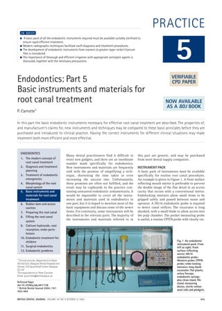 BRITISH DENTAL JOURNAL VOLUME 197 NO. 8 OCTOBER 23 2004 455
PRACTICE
Endodontics: Part 5
Basic instruments and materials for
root canal treatment
P. Carrotte1
In this part the basic endodontic instruments necessary for effective root canal treatment are described. The properties of,
and manufacturer’s claims for, new instruments and techniques may be compared to these basic principles before they are
purchased and introduced to clinical practice. Having the correct instruments for different clinical situations may make
treatment both more efficient and more effective.
● A basic pack of all the endodontic instruments required must be available suitably sterilised to
ensure rapid efficient treatment.
● Modern radiographic techniques facilitate swift diagnosis and treatment procedures.
● The development of endodontic instruments from reamers to greater taper nickel titanium
files is considered.
● The importance of thorough and efficient irrigation with appropriate antiseptic agents is
discussed, together with the necessary precautions.
I N B R I E F
Many dental practitioners find it difficult to
resist new gadgets, and there are an inordinate
number made specifically for endodontics.
New instruments and materials are frequently
sold with the promise of simplifying a tech-
nique, shortening the time taken or even
increasing the success rate. Unfortunately,
these promises are often not fulfilled, and the
result may be cupboards in the practice con-
taining unwanted endodontic armamentaria. It
would be impossible to cover all the instru-
ments and materials used in endodontics in
one part, but it is hoped to mention most of the
basic equipment and discuss some of the newer
items. For continuity, some instruments will be
described in the relevant parts. The majority of
the instruments and materials referred to in
this part are generic, and may be purchased
from most dental supply companies.
INSTRUMENT PACK
A basic pack of instruments must be available
specifically for routine root canal procedures.
An example is given in Figure 1. A front surface
reflecting mouth mirror is preferable to prevent
the double image of the fine detail in an access
cavity that occurs with a conventional mirror.
Endolocking tweezers allow small items to be
gripped safely and passed between nurse and
operator. A DG16 endodontic probe is required
to detect canal orifices. The excavator is long
shanked, with a small blade to allow access into
the pulp chamber. The pocket-measuring probe
is useful, a routine CPITN probe with clearly vis-
5
ENDODONTICS
1. The modern concept of
root canal treatment
2. Diagnosis and treatment
planning
3. Treatment of endodontic
emergencies
4. Morphology of the root
canal system
5. Basic instruments and
materials for root canal
treatment
6. Rubber dam and access
cavities
7. Preparing the root canal
8. Filling the root canal
system
9. Calcium hydroxide, root
resorption, endo-perio
lesions
10. Endodontic treatment for
children
11. Surgical endodontics
12. Endodontic problems
Fig. 1 An endodontic
instrument pack. From
left to right; front
surface reflecting
mirror; DG16
endodontic probe;
Western probe; CPITN
probe; endo-locking
tweezers; long shank
excavator; flat plastic,
artery forceps,
endodontic syringe;
plus clean stand, file
stand, measuring
device, sterile cotton
wool rolls and pledgets.
1*Clinical Lecturer, Department of Adult
Dental Care, Glasgow Dental Hospital and
School, 378 Sauchiehall Street, Glasgow
G2 3JZ
*Correspondence to: Peter Carrotte
Email: p.carrotte@dental.gla.ac.uk
Refereed Paper
doi:10.1038/sj.bdj.4811738
© British Dental Journal 2004; 197:
455–464
VERIFIABLE
CPD PAPER
NOW AVAILABLE
AS A BDJ BOOK
08p455-464.qxd 22/09/2004 10:22 Page 455
http://dentalbooks-drbassam.blogspot.com/
 