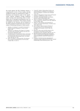 ENDODONTIC PROBLEMS
the result against the PAI. Friedman reports a
comprehensive review of these studies, and the
weighted averages are summarized in Table 1.13
Particular note should be made of the signifi-
cantly reduced weighted average prognosis
when treating teeth presenting with an estab-
lished area of periapical periodontitis seen on
radiographic examination. These figures should
be studied by the clinician, and an estimate of
the likely prognosis should form part of the pro-
cedure of obtaining informed or valid consent.
1. Guttman, J L, Dumsha T C, Lovdahl P E, Hovland E J.
Problem Solving in Endodontics. 3rd Ed. St Louis:
Mosby, 1997.
2. Andreasen J O, Andreasen F M. Chapter 9 in Textbook
and colour atlas of traumatic injuries to the teeth. 3rd
Ed. Denmark: Munksgard, 1994.
3. Cvek M, Granath L-E, Lundberg M. Failures and healing
in endodontically treated non-vital anterior teeth with
post-traumatically reduced pulpal lumen. Acta Odont
Scand 1982; 40: 223–228.
4. Roane J B, Sabala C L, Duncanson M G. The balanced
force concept for instrumentation of curved canals.
J Endod 1985; 11: 203–211
5. Crump M C, Natkin E. Relationship of broken root
canal instruments to endodontic case prognosis: a
clinical investigation. J Am Dent Assoc 1970; 80:
1341–1347.
6. Lumley P J. Management of silver points and fractured
instruments. CPD Dentistry 2000; 1: 87–92.
7. Greenwall L. Bleaching techniques in restorative
dentistry. London: Martin Dunitz, 2001.
8. Sheets C G, Paquette, J M, Wright R S. Chapter 21 in
Cohen S & Burns R C. Pathways of the Pulp, Eighth Ed.
St Louis: Mosby, 2002.
9. Nathoo S A. The chemistry and mechanisms of
extrinsic and intrinsic discoloration. J Am Dent Assoc
1997; 128: 6S–10S.
10. Attin T, Paqué F, Ajam F, Lennon Á. Review of
the current status of tooth whitening with the
walking bleach technique. Int End J 2003; 36:
313–329.
11. Ørstavik D. Time-course and risk analyses of the
development and healing of chronic apical
periodontitis in man. Int Endod J 1996; 29: 150–155
12. Ørstavik D, Kerekes K and Eriksen H M. The periapical
index: A scoring system for radiographic assessment of
periapical periodontitis. Endod Dent Traumatol 18; 2:
20–34.
13. Friedman S. Treatment outcome and prognosis of
endodontic therapy. In Ørstavik D, Pitt Ford T R, Essential
Endodontology. Oxford: Blackwell Science, 1998.
BRITISH DENTAL JOURNAL VOLUME 198 NO. 3 FEBRUARY 12 2005 133
3p127-133.qxd 19/01/2005 13:34 Page 133
 