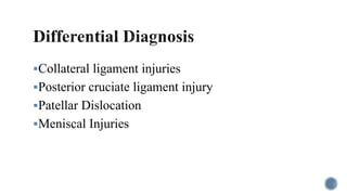 Collateral ligament injuries
Posterior cruciate ligament injury
Patellar Dislocation
Meniscal Injuries
 