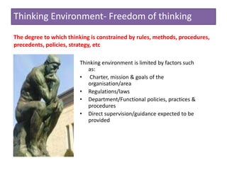 Thinking Environment- Freedom of thinking
Thinking environment is limited by factors such
as:
• Charter, mission & goals of the
organisation/area
• Regulations/laws
• Department/Functional policies, practices &
procedures
• Direct supervision/guidance expected to be
provided
The degree to which thinking is constrained by rules, methods, procedures,
precedents, policies, strategy, etc
 