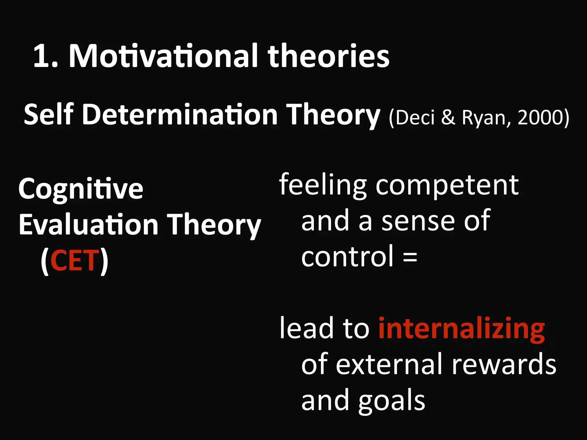 1.	Mo-va-on1.	Mo-va-onal	theories
Cogni-ve	
Evalua-on	Theory	
(CET)
feeling	competent	
and	a	sense	of	
control	= 
lead	to	internalizing	
of	external	rewards	
and	goals
Self	Determina-on	Theory	(Deci	&	Ryan,	2000)
 