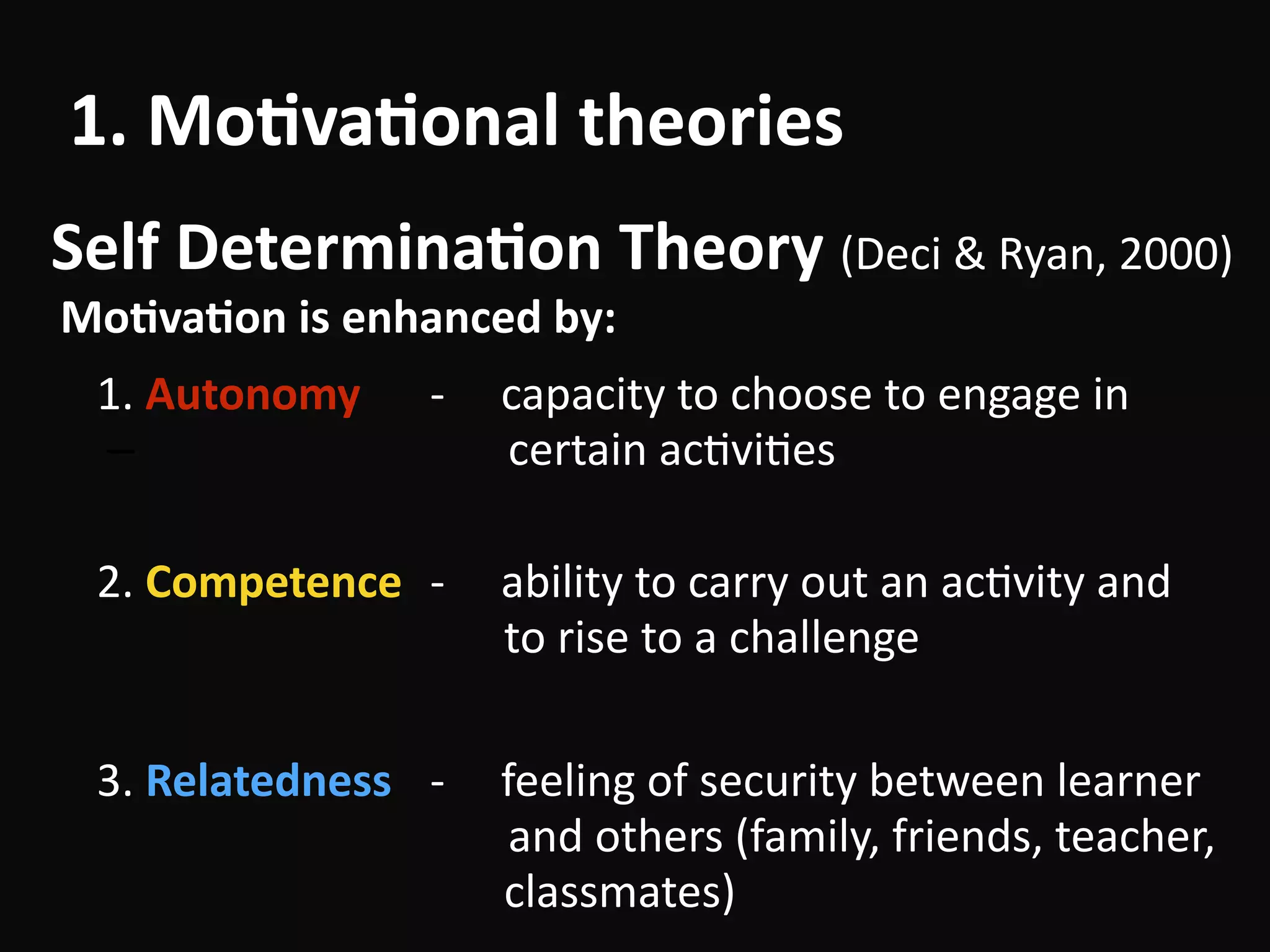 1.	Mo-va-on
Self	Determina-on	Theory	(Deci	&	Ryan,	2000)
1.	Mo-va-onal	theories
	Mo-va-on	is	enhanced	by:	
	 1.	Autonomy		 -					capacity	to	choose	to	engage	in		
– 	 	 	 							certain	acBviBes	
!
	 2.	Competence	 -					ability	to	carry	out	an	acBvity	and		
	 	 	 																		to	rise	to	a	challenge	
!
	 3.	Relatedness		 -					feeling	of	security	between	learner	
	 	 	 							and	others	(family,	friends,	teacher,		
	 	 	 																		classmates)
 