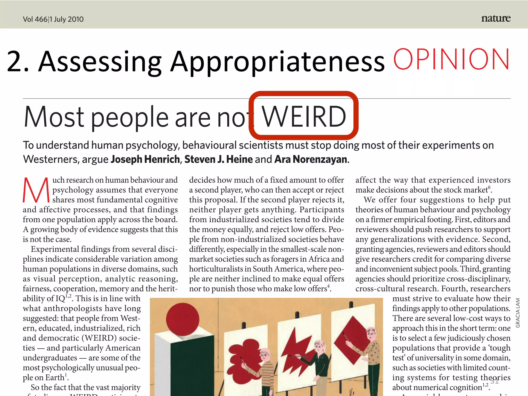 1.	Mo-va-onal	theories
31
M
uchresearchonhumanbehaviourand
psychology assumes that everyone
shares most fundamental cognitive
and affective processes, and that findings
from one population apply across the board.
A growing body of evidence suggests that this
is not the case.
Experimental findings from several disci-
plines indicate considerable variation among
human populations in diverse domains, such
as visual perception, analytic reasoning,
fairness, cooperation, memory and the herit-
ability of IQ1,2
. This is in line with
what anthropologists have long
suggested: that people from West-
ern, educated, industrialized, rich
and democratic (WEIRD) socie-
ties — and particularly American
undergraduates — are some of the
most psychologically unusual peo-
ple on Earth1
.
So the fact that the vast majority
decides how much of a fixed amount to offer
a second player, who can then accept or reject
this proposal. If the second player rejects it,
neither player gets anything. Participants
from industrialized societies tend to divide
the money equally, and reject low offers. Peo-
ple from non-industrialized societies behave
differently,especiallyinthesmallest-scalenon-
market societies such as foragers in Africa and
horticulturalists in South America, where peo-
ple are neither inclined to make equal offers
nor to punish those who make low offers4
.
affect the way that experienced investors
make decisions about the stock market6
.
We offer four suggestions to help put
theories of human behaviour and psychology
onafirmerempiricalfooting.First,editorsand
reviewers should push researchers to support
any generalizations with evidence. Second,
grantingagencies,reviewersandeditorsshould
give researchers credit for comparing diverse
andinconvenientsubjectpools.Third,granting
agencies should prioritize cross-disciplinary,
cross-cultural research. Fourth, researchers
must strive to evaluate how their
findingsapplytootherpopulations.
There are several low-cost ways to
approachthisintheshortterm:one
is to select a few judiciously chosen
populations that provide a ‘tough
test’ofuniversalityinsomedomain,
suchassocietieswithlimitedcount-
ing systems for testing theories
about numerical cognition1,2
.
Most people are not WEIRD
To understand human psychology, behavioural scientists must stop doing most of their experiments on
Westerners, argue JosephHenrich, StevenJ.Heine and AraNorenzayan.
GRACIALAM
Vol 466|1 July 2010
OPINION2.	Assessing	Appropriateness
 