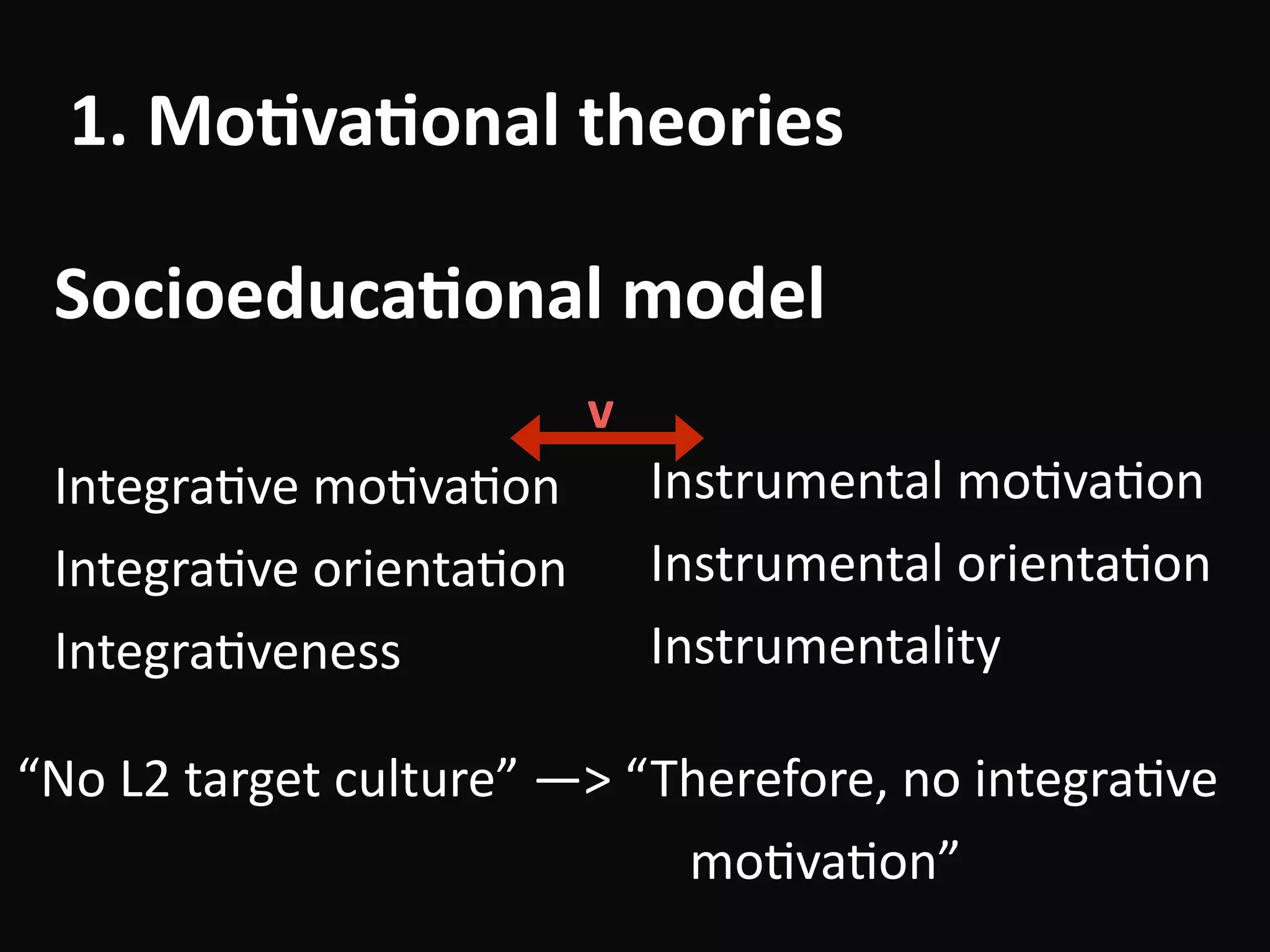 1.	Mo-va-onal	theories
Socioeduca-onal	model
IntegraBve	moBvaBon	
IntegraBve	orientaBon	
IntegraBveness
Instrumental	moBvaBon	
Instrumental	orientaBon	
Instrumentality
v
“No	L2	target	culture”	—>	“Therefore,	no	integraBve	 
																																																	moBvaBon”
 