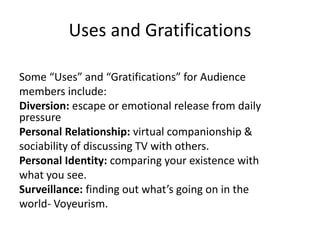 Uses and Gratifications
Some “Uses” and “Gratifications” for Audience
members include:
Diversion: escape or emotional release from daily
pressure
Personal Relationship: virtual companionship &
sociability of discussing TV with others.
Personal Identity: comparing your existence with
what you see.
Surveillance: finding out what’s going on in the
world- Voyeurism.
 