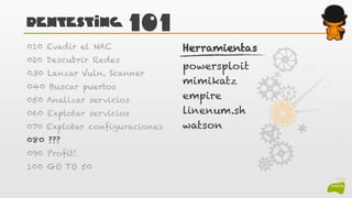 pentesting 101
010 Evadir el NAC
020 Descubrir Redes
030 Lanzar Vuln. Scanner
040 Buscar puertos
050 Analizar servicios
06...