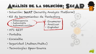 Análisis de la solución: SecAP
• Solución: SecAP (Security Analysis Platform)
• Kit de herramientas de Pentesting
• Inteli...