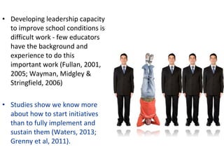 • Developing leadership capacity 
to improve school conditions is 
difficult work - few educators 
have the background and 
experience to do this 
important work (Fullan, 2001, 
2005; Wayman, Midgley & 
Stringfield, 2006)
• Studies show we know more 
about how to start initiatives 
than to fully implement and 
sustain them (Waters, 2013; 
Grenny et al, 2011).
 