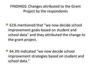 FINDINGS: Changes attributed to the Grant
Project by the respondents
61% mentioned that “we now decide school
improvement goals based on student and
school data” and they attributed the change to
the grant project.
64.3% indicated “we now decide school
improvement strategies based on student and
school data.”
 
