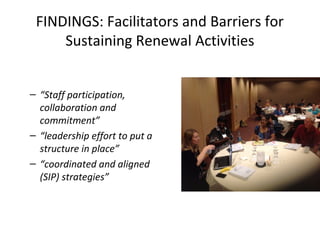FINDINGS: Facilitators and Barriers for
Sustaining Renewal Activities
– “Staff participation,
collaboration and
commitment”
– “leadership effort to put a
structure in place”
– “coordinated and aligned
(SIP) strategies”
 