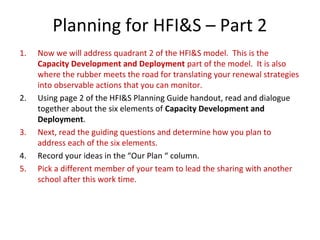 Planning for HFI&S – Part 2
1. Now we will address quadrant 2 of the HFI&S model. This is the
Capacity Development and Deployment part of the model. It is also
where the rubber meets the road for translating your renewal strategies
into observable actions that you can monitor.
2. Using page 2 of the HFI&S Planning Guide handout, read and dialogue
together about the six elements of Capacity Development and
Deployment.
3. Next, read the guiding questions and determine how you plan to
address each of the six elements.
4. Record your ideas in the “Our Plan “ column.
5. Pick a different member of your team to lead the sharing with another
school after this work time.
 