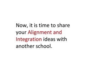 Now, it is time to share
your Alignment and
Integration ideas with
another school.
 