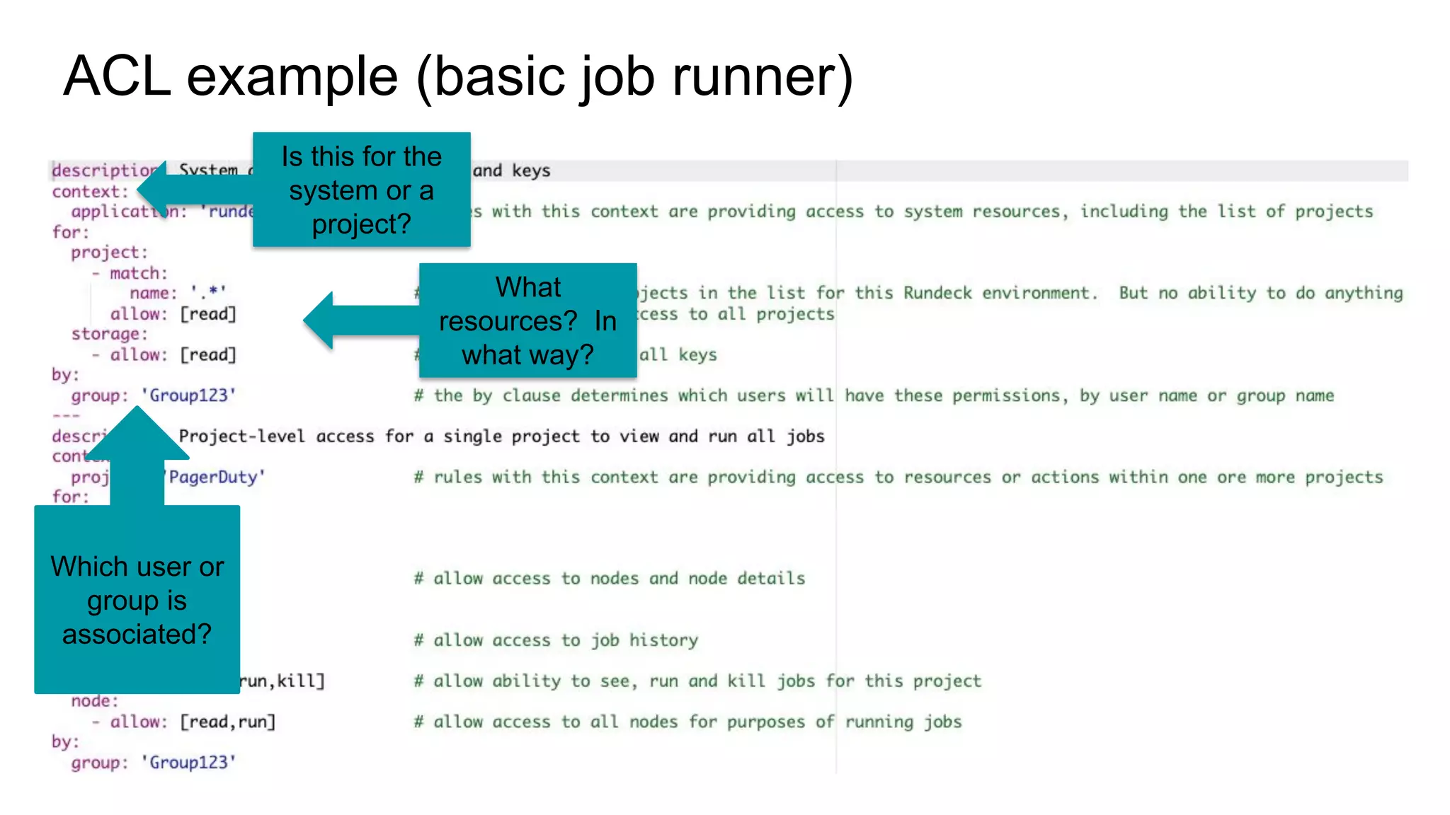 ACL example (basic job runner)
Is this for the
system or a
project?
What
resources? In
what way?
Which user or
group is
associated?
 