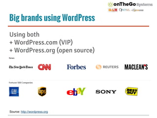 Big brands using WordPress
Using both
+ WordPress.com (VIP)
+ WordPress.org (open source)
Source: http://wordpress.org
 