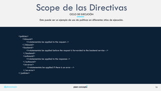 Este puede ser un ejemplo de uso de políticas en diferentes sitios de ejecución.
16
<policies>
<inbound>
<!–statementsto be applied to the request-->
</inbound>
<backend>
<!–statementsto be applied before the request is forwarded to the backend service -->
</backend>
<outbound>
<!–statementsto be applied to the response-->
</outbound>
<on-error>
<!–statementsto be applied if there is an error -->
</on-error>
</policies>
@plainconcepts
Scope de las DirectivasCICLO DE EJECUCIÓN
 