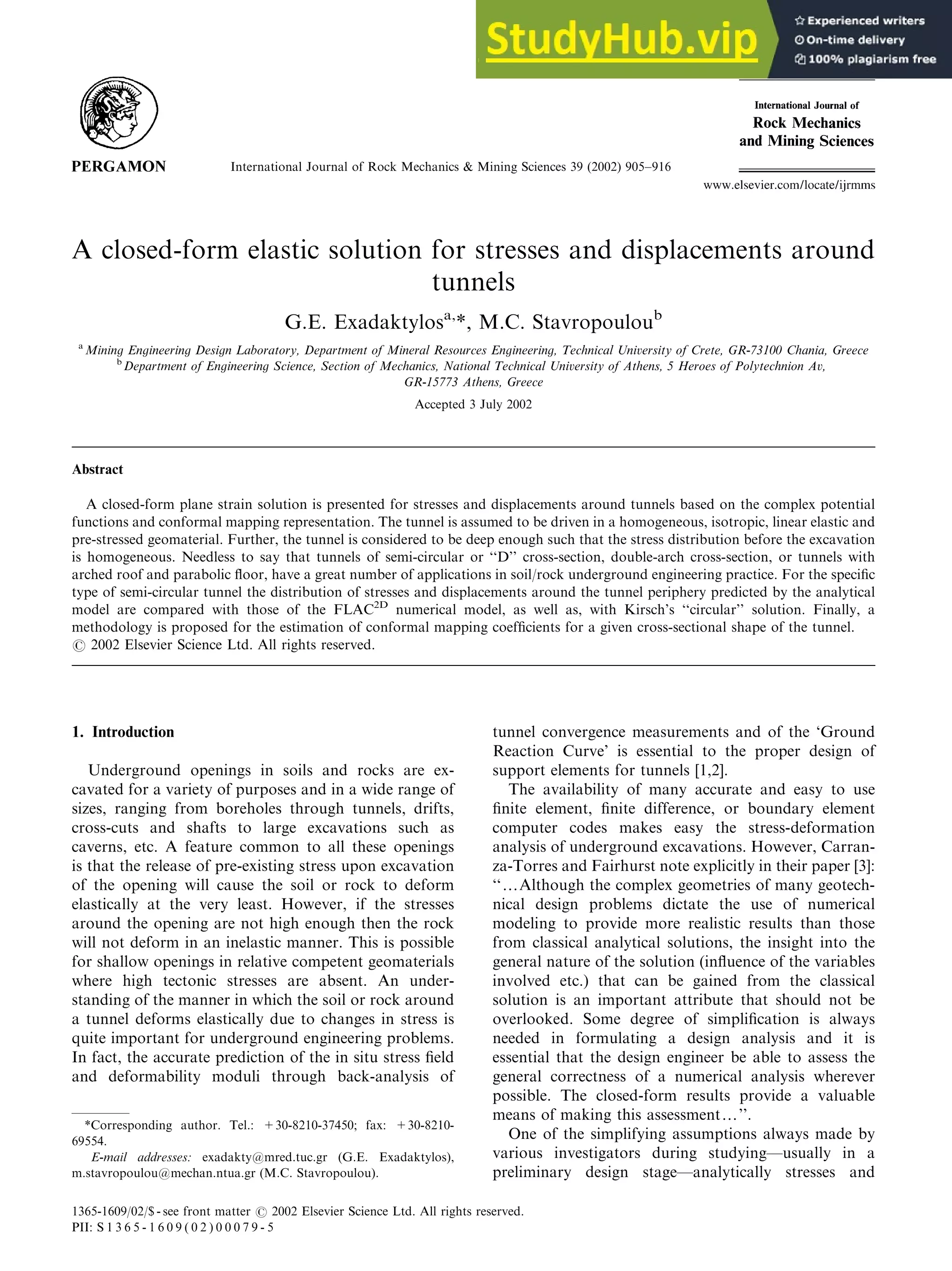 A Closed-Form Elastic Solution For Stresses And Displacements Around ...