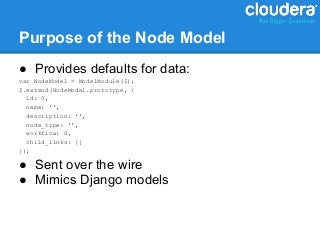 Purpose of the Node Model
● Provides defaults for data:
var NodeModel = ModelModule($);
$.extend(NodeModel.prototype, {
  id: 0,
  name: '',
  description: '',
  node_type: '',
  workflow: 0,
  child_links: []
});

● Sent over the wire
● Mimics Django models
 