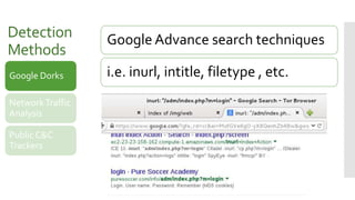 Detection
Methods
Google Advance search techniques
i.e. inurl, intitle, filetype , etc.Google Dorks
NetworkTraffic
Analysi...