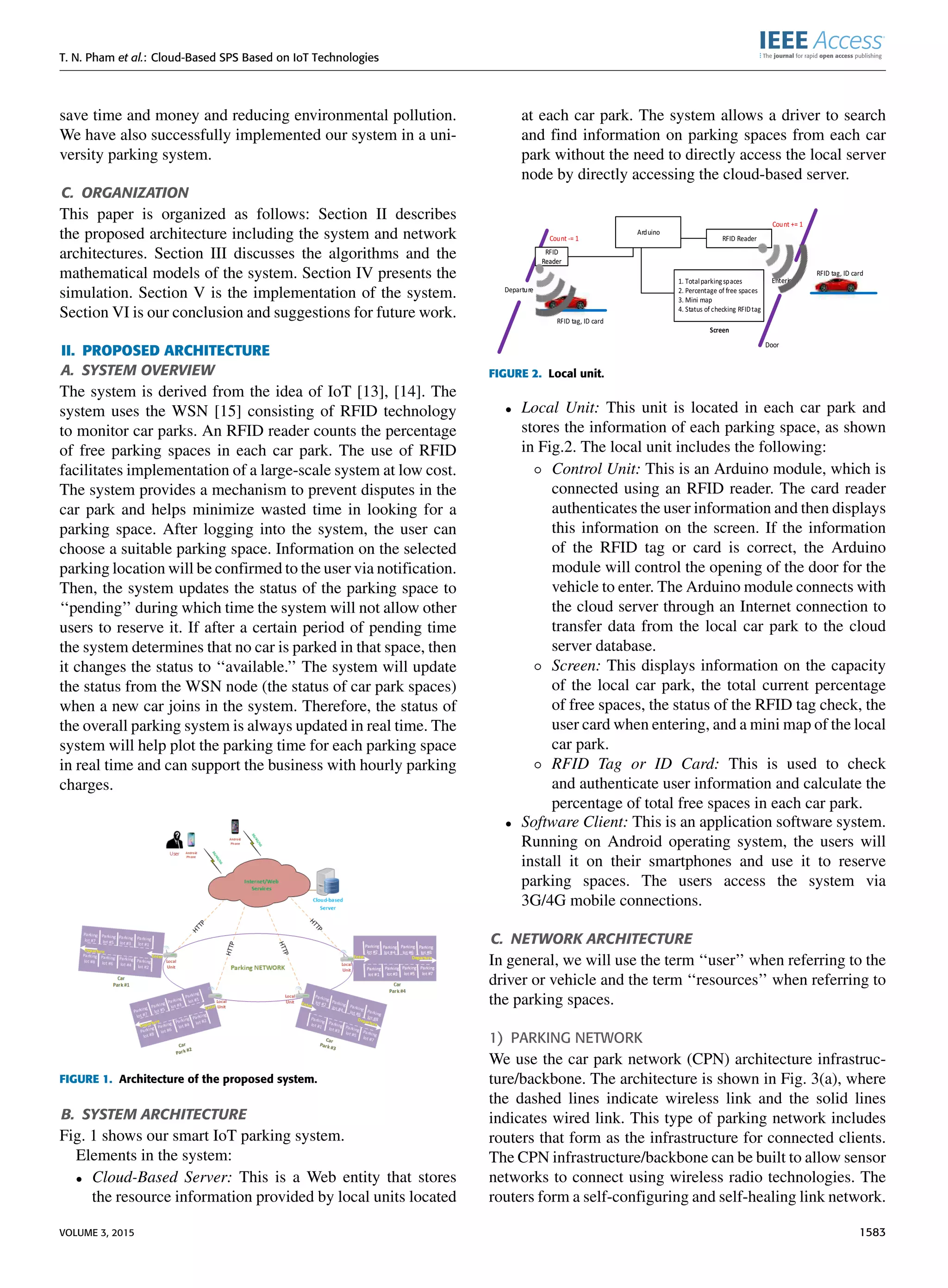 T. N. Pham et al.: Cloud-Based SPS Based on IoT Technologies
save time and money and reducing environmental pollution.
We have also successfully implemented our system in a uni-
versity parking system.
C. ORGANIZATION
This paper is organized as follows: Section II describes
the proposed architecture including the system and network
architectures. Section III discusses the algorithms and the
mathematical models of the system. Section IV presents the
simulation. Section V is the implementation of the system.
Section VI is our conclusion and suggestions for future work.
II. PROPOSED ARCHITECTURE
A. SYSTEM OVERVIEW
The system is derived from the idea of IoT [13], [14]. The
system uses the WSN [15] consisting of RFID technology
to monitor car parks. An RFID reader counts the percentage
of free parking spaces in each car park. The use of RFID
facilitates implementation of a large-scale system at low cost.
The system provides a mechanism to prevent disputes in the
car park and helps minimize wasted time in looking for a
parking space. After logging into the system, the user can
choose a suitable parking space. Information on the selected
parking location will be conﬁrmed to the user via notiﬁcation.
Then, the system updates the status of the parking space to
‘‘pending’’ during which time the system will not allow other
users to reserve it. If after a certain period of pending time
the system determines that no car is parked in that space, then
it changes the status to ‘‘available.’’ The system will update
the status from the WSN node (the status of car park spaces)
when a new car joins in the system. Therefore, the status of
the overall parking system is always updated in real time. The
system will help plot the parking time for each parking space
in real time and can support the business with hourly parking
charges.
FIGURE 1. Architecture of the proposed system.
B. SYSTEM ARCHITECTURE
Fig. 1 shows our smart IoT parking system.
Elements in the system:
• Cloud-Based Server: This is a Web entity that stores
the resource information provided by local units located
at each car park. The system allows a driver to search
and ﬁnd information on parking spaces from each car
park without the need to directly access the local server
node by directly accessing the cloud-based server.
FIGURE 2. Local unit.
• Local Unit: This unit is located in each car park and
stores the information of each parking space, as shown
in Fig.2. The local unit includes the following:
◦ Control Unit: This is an Arduino module, which is
connected using an RFID reader. The card reader
authenticates the user information and then displays
this information on the screen. If the information
of the RFID tag or card is correct, the Arduino
module will control the opening of the door for the
vehicle to enter. The Arduino module connects with
the cloud server through an Internet connection to
transfer data from the local car park to the cloud
server database.
◦ Screen: This displays information on the capacity
of the local car park, the total current percentage
of free spaces, the status of the RFID tag check, the
user card when entering, and a mini map of the local
car park.
◦ RFID Tag or ID Card: This is used to check
and authenticate user information and calculate the
percentage of total free spaces in each car park.
• Software Client: This is an application software system.
Running on Android operating system, the users will
install it on their smartphones and use it to reserve
parking spaces. The users access the system via
3G/4G mobile connections.
C. NETWORK ARCHITECTURE
In general, we will use the term ‘‘user’’ when referring to the
driver or vehicle and the term ‘‘resources’’ when referring to
the parking spaces.
1) PARKING NETWORK
We use the car park network (CPN) architecture infrastruc-
ture/backbone. The architecture is shown in Fig. 3(a), where
the dashed lines indicate wireless link and the solid lines
indicates wired link. This type of parking network includes
routers that form as the infrastructure for connected clients.
The CPN infrastructure/backbone can be built to allow sensor
networks to connect using wireless radio technologies. The
routers form a self-conﬁguring and self-healing link network.
VOLUME 3, 2015 1583
 