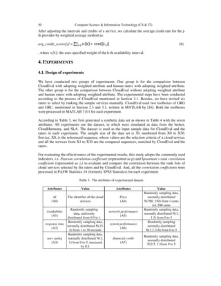 50 Computer Science & Information Technology (CS & IT)
After adjusting the intervals and credits of a service, we calculate the average credit rate for the j-
th provider by weighted average method as:
avg_credit_scores[j] = (6)
, where w[k]: the user-specified weight of the k-th availability interval.
4. EXPERIMENTS
4.1. Design of experiments
We have conducted two groups of experiments. One group is for the comparison between
CloudEval with adopting weighted attribute and human raters with adopting weighted attribute.
The other group is for the comparison between CloudEval without adopting weighted attribute
and human raters with adopting weighted attribute. The experimental steps have been conducted
according to the process of CloudEval mentioned in Section 3.1. Besides, we have invited six
raters to select by ranking the sample services manually. CloudEval used two toolboxes of GRG
and GRC, mentioned in Section 2.3 and 3.1, written in MATLAB by [16]. Both the toolboxes
were processed in MATLAB 7.0.1 for each experiment.
According to Table 3, we first generated a synthetic data set as shown in Table 4 with the seven
attributes. All experiments use the dataset, in which were simulated as data from the broker,
CloudHarmony, and SLA. The dataset is used as the input sample data for CloudEval and the
raters in each experiment. The sample size of the data set is 30, numbered from X0 to X30.
Service, X0, is the referenced sequence, whose values are the selection criteria of a cloud service;
and all the services from X1 to X30 are the compared sequences, searched by CloudEval and the
raters.
For evaluating the effectiveness of the experimental results, this study adopts the commonly used
indicators, i.e. Pearson correlation coefficient (represented as ρ) and Spearman’s rank correlation
coefficient (represented as γs) to evaluate and compare the correlation between the rank lists of
cloud services selected by the raters and by CloudEval. And, all the correlation coefficients were
processed in PASW Statistics 18 (formerly SPSS Statistics) for each experiment.
Table 3. The attributes of experimental dataset.
Attributes Value Attributes Value
Id
(A0)
The identifier of the cloud
services
Price
(A4)
Randomly sampling data,
normally distributed
N(700, 350) from 1 cents
to1,500 cents
Availability
(A1)
Randomly sampling
data, uniformly
distributed from 0.9 to 1
network performance
(A5)
Randomly sampling data,
normally distributed N(3,
1.5) from 0 to 5
response time
(A2)
Randomly sampling data,
normally distributed N(15,
6) from 1 to 30 seconds
system performance
(A6)
Randomly sampling
normally distributed
N(3.2, 0.8) from 0 to 5
user rating
(A3)
Randomly sampling data,
normally distributed N(3,
1) from 0 to 5, increased
by 0.5.
financial credit
(A7)
Randomly sampling data,
normally distributed
N(2.5, 1) from 0 to 5
 