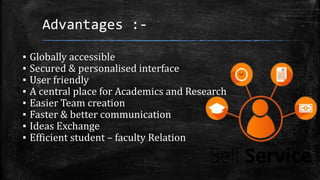 Advantages :-
▪ Globally accessible
▪ Secured & personalised interface
▪ User friendly
▪ A central place for Academics and Research
▪ Easier Team creation
▪ Faster & better communication
▪ Ideas Exchange
▪ Efficient student – faculty Relation
 