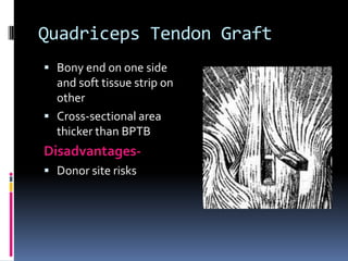 Quadriceps Tendon Graft
 Bony end on one side

and soft tissue strip on
other
 Cross-sectional area
thicker than BPTB

Disadvantages Donor site risks

 