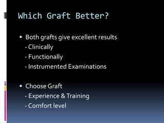 Which Graft Better?
 Both grafts give excellent results

- Clinically
- Functionally
- Instrumented Examinations
 Choose Graft

- Experience & Training
- Comfort level

 