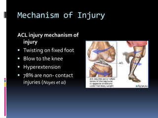Mechanism of Injury
ACL injury mechanism of
injury
 Twisting on fixed foot
 Blow to the knee
 Hyperextension
 78% are non- contact
injuries (Noyes et al)

 