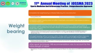 Weight
bearing
Immediate full weightbearing is initiated following ACL reconstruction
•Moonguidelines,2015
Immediate weight bearing does not affect knee laxity and results in decreased incidence
of anterior knee pain
immediate weight bearing should only be tolerated if there is a correct gait pattern (if
necessary with crutches) and no pain, effusion or increase intemperature when walking or
shortly after walking
•Evidence-based clinical practice update: practice guidelines for anterior cruciate ligament rehabilitation based on a
systematic review and multidisciplinary consensusvan Melick N, van Cingel REH, Brooijmans F, et al. Br J Sports Med
2016;50:1506–1515
Full weight-bearing without crutches within 10 days (with a normal gait pattern) improves
quadriceps function, prevents patellofemoral pain and does not affect knee stability.
•Evidence-based rehabilitation following anterior cruciate ligament reconstruction, Grinsven, Cingel, Holla, van Loon: Knee
Surg Sports Traumatol Arthrosc (2010)
After repair techniques, WB recommendations vary to account for the
initial strength of repair.
•Rehabilitation Principles to Consider for Anterior Cruciate Ligament Repair; Wu, Kator, Zarro et all, SPORTH HEALTH, vol 14 no 3,
2022
 