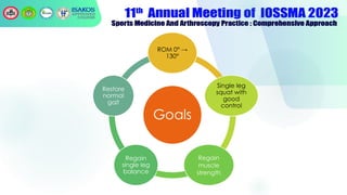 Goals
ROM 0° →
130°
Single leg
squat with
good
control
Regain
muscle
strength
Regain
single leg
balance
Restore
normal
gait
 