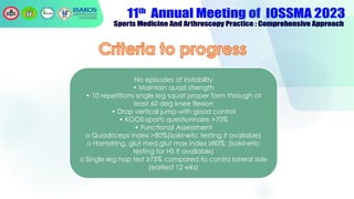 No episodes of instability
• Maintain quad strength
• 10 repetitions single leg squat proper form through at
least 60 deg knee flexion
• Drop vertical jump with good control
• KOOS-sports questionnaire >70%
• Functional Assessment
o Quadriceps index >80%(isokinetic testing if available)
o Hamstring, glut med,glut max index ≥80%; (isokinetic
testing for HS if available)
o Single leg hop test ≥75% compared to contra lateral side
(earliest 12 wks)
 